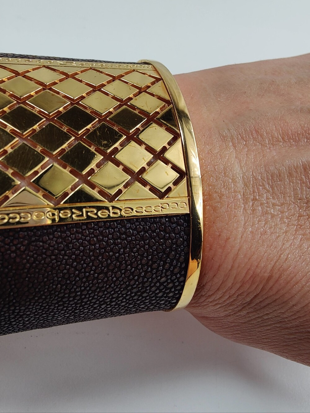Rebecca Italy Wide Gold Tone Brown Textured Cuff Bracelet Designer Statement - Picture 4 of 14